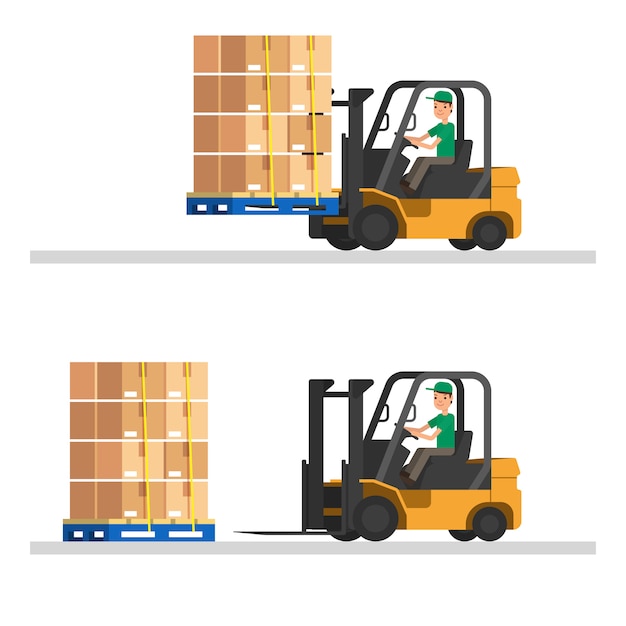 Premium Vector Forklift Truck With Containers And Wooden Pallets Warehouse Vector Illustration