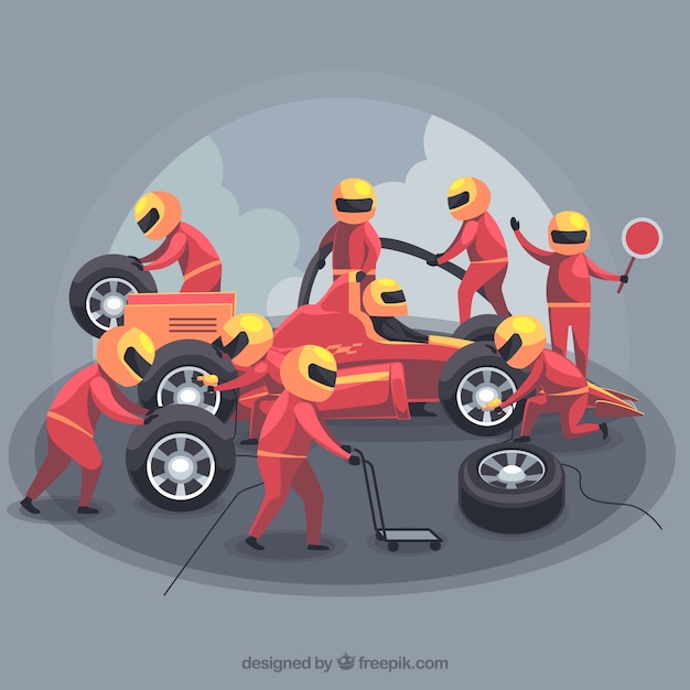 Formula 1 pit stop workers with flat\
design