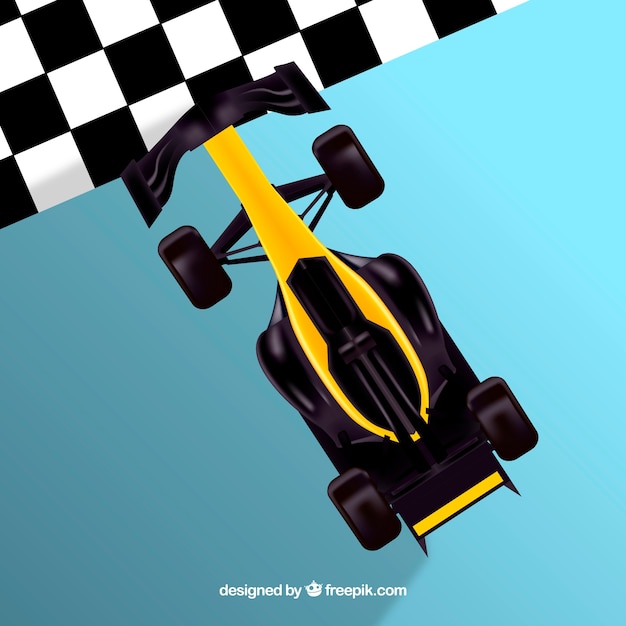 Formula 1 racing car crossing finish\
line