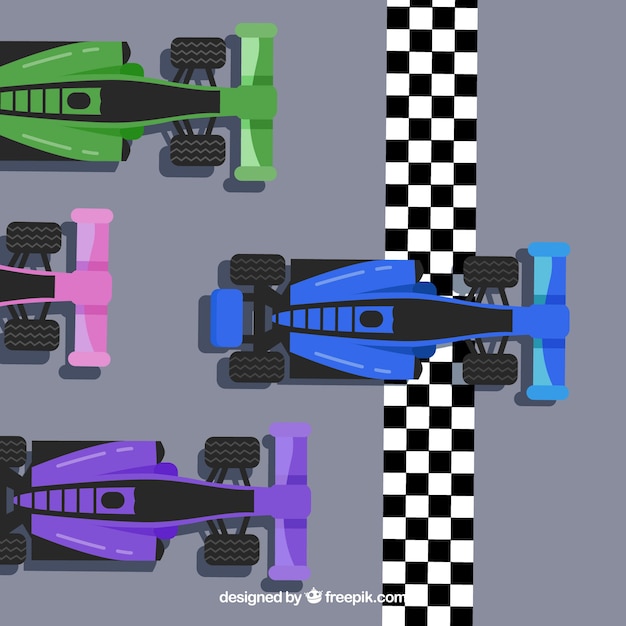 Formula 1 racing cars at the finish line with
top view