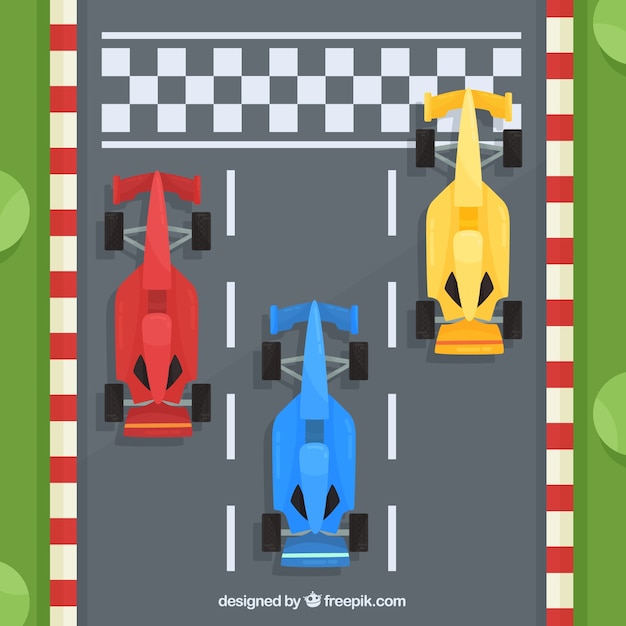 Formula 1 racing cars at the finish line with\
top view