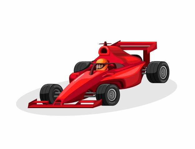 赤い色のハロー別名ヘッドガード付きのフォーミュラワンドライバーとレーシングカー 白い背景の上のレーススポーツ競争概念漫画イラスト プレミアムベクター