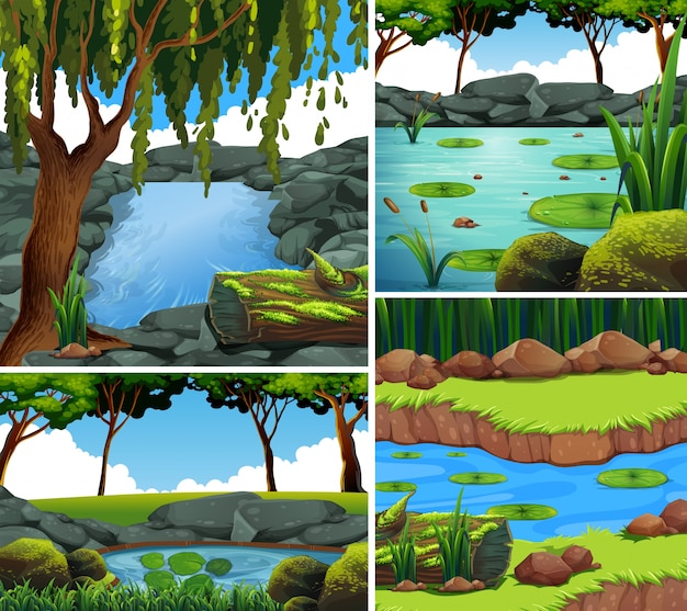 Premium Vector | Four background scenes with river in forest