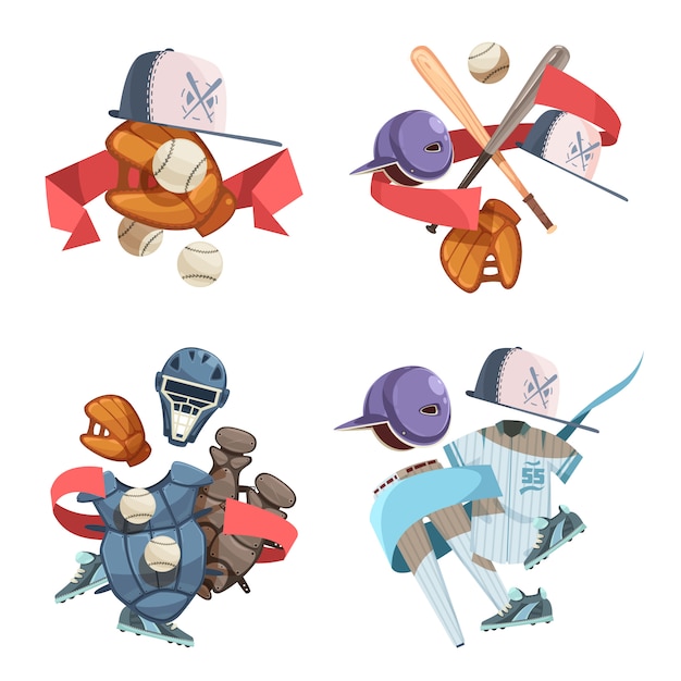 Four baseball inventory decorative icons compositions in retro style with bat helmet balls gloves uniform Free Vector