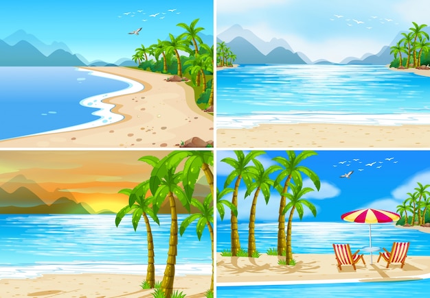 Four beach scenes in different time of the\
day