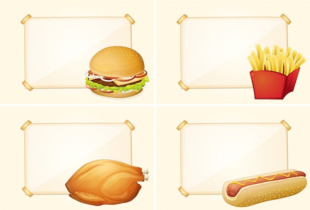 Premium Vector | Four border templates with different fastfood meals