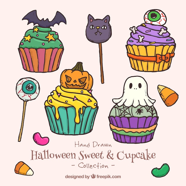 Free Vector Four Creepy Cupcakes For Halloween Hand Drawn 2270