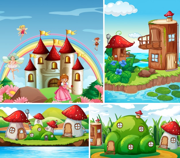 おとぎ話の美しい妖精と虹のファンタジー城 ファンタジーの家 キノコの家の4つの異なるシーン 無料のベクター
