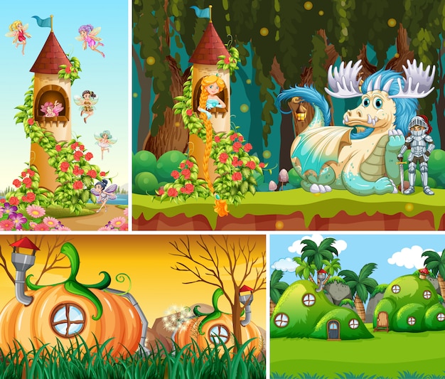おとぎ話の美しい妖精と騎士とカボチャの家の村を持つドラゴンのファンタジーの世界の4つの異なるシーン 無料のベクター