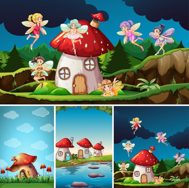 キノコの村や妖精などのファンタジーの場所とファンタジーのキャラクターがいるファンタジーの世界の4つの異なるシーン 無料のベクター
