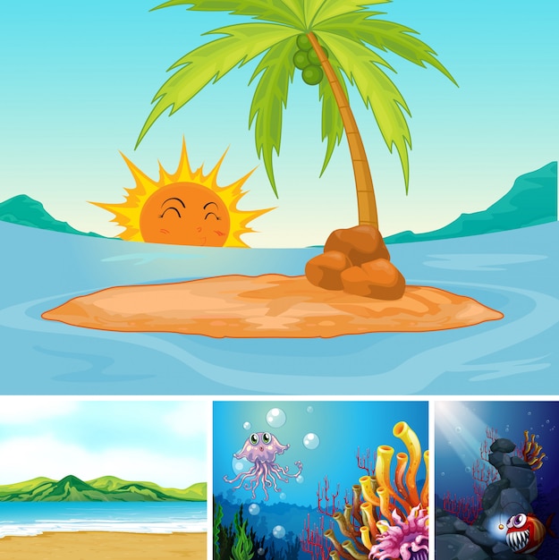 Free Vector | Four different scene of tropical beach and underwater