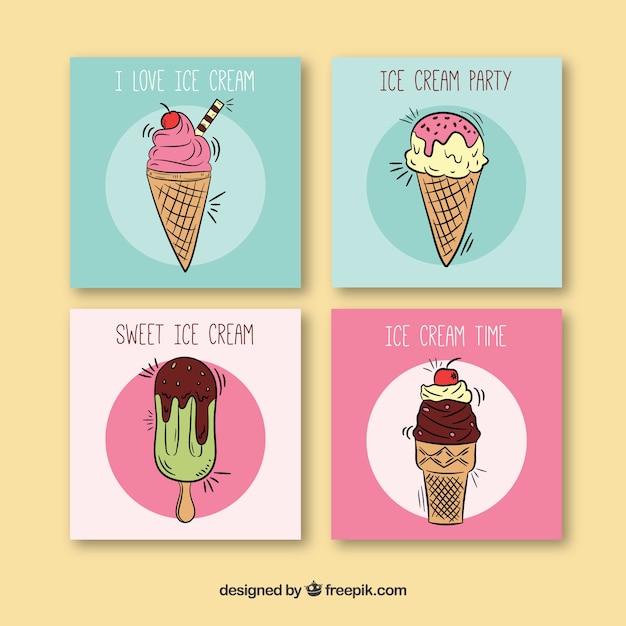 Four fantastic cards with hand-drawn ice\
creams