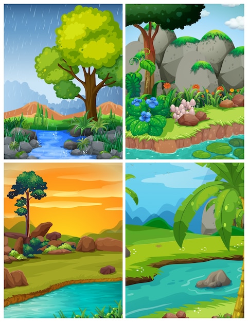 Four forest scenes with rivers