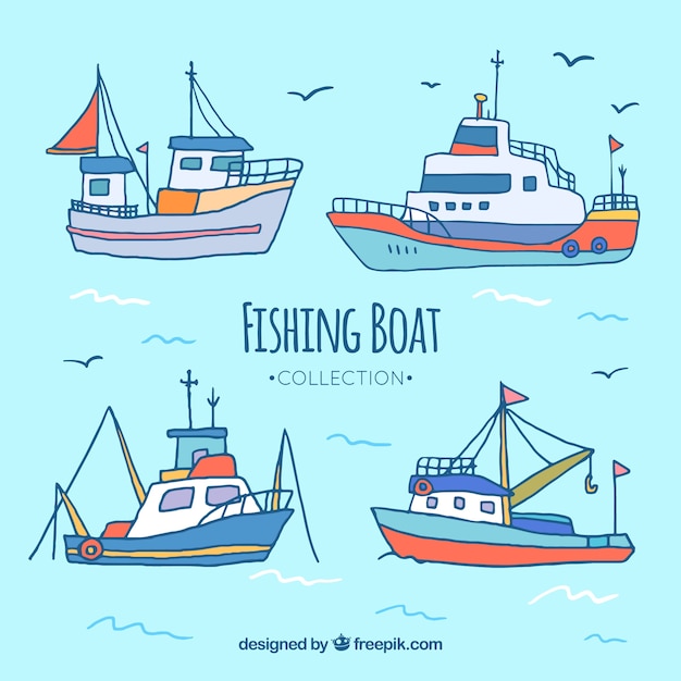 Four hand-drawn fishing boats