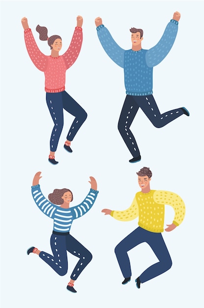 4人の幸せな子供 男の子と女の子 興奮 白い背景のイラストにジャンプします 幸せで陽気な漫画の子供たちが笑って 幸せからジャンプ プレミアムベクター