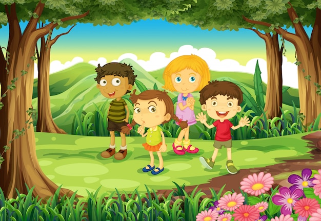 Four kids at the forest Vector | Free Download