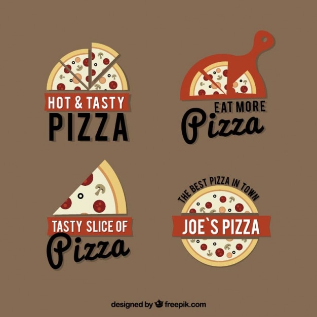 Four logos for pizza on a brown\
background