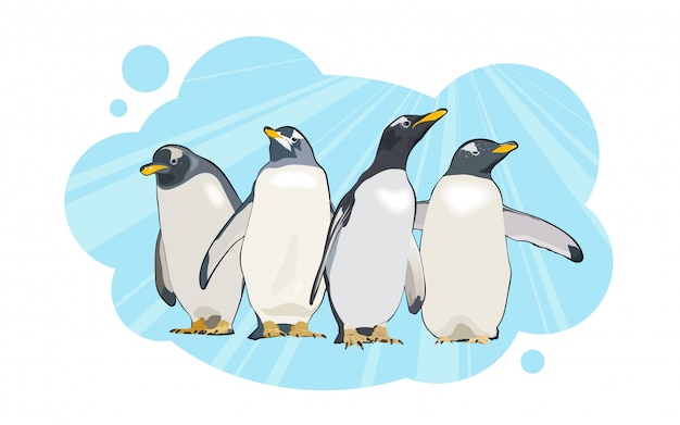 青色の背景に4つのペンギンのキャラクター 図 プレミアムベクター