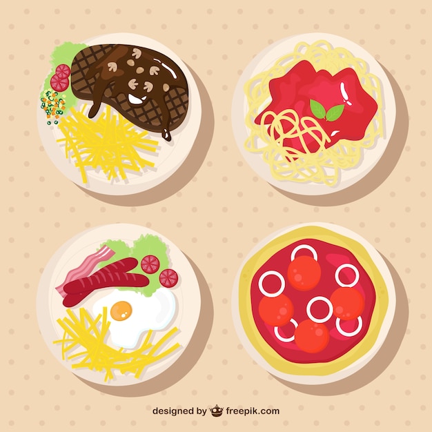 Four restaurant dishes illustrated