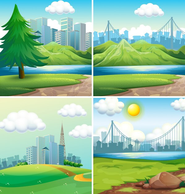 Four scenes of cities and parks