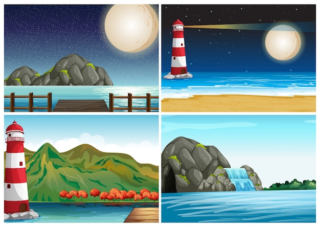 Four scenes with lighthouse and ocean
illustration