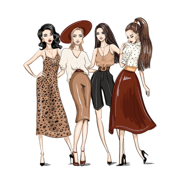Four young women dressed in trendy clothes Premium Vector