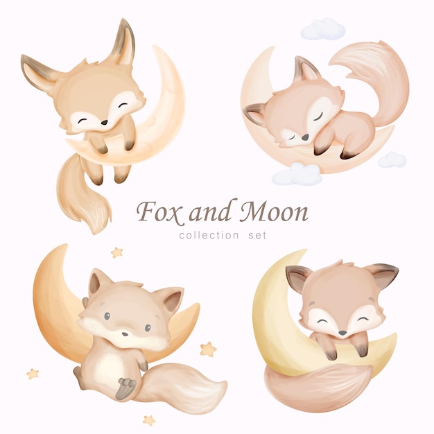 Premium Vector | Fox and moon collection set with watercolor illustration