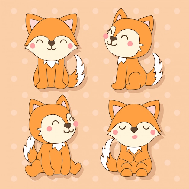 フォックス かわいい動物かわいいキャラクターイラストのセット プレミアムベクター