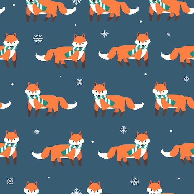 Fox with snow flakes seamless pattern background Premium Vector