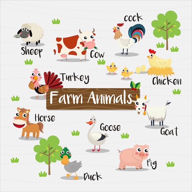 Premium Vector | Fram animals cartoon with animal name