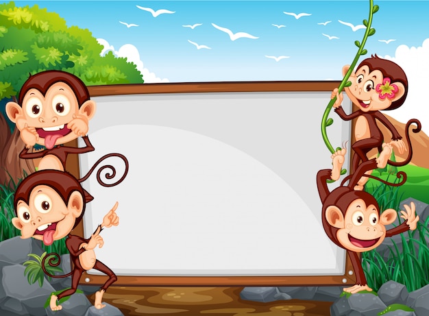 Frame design with four monkeys in the field Free Vector
