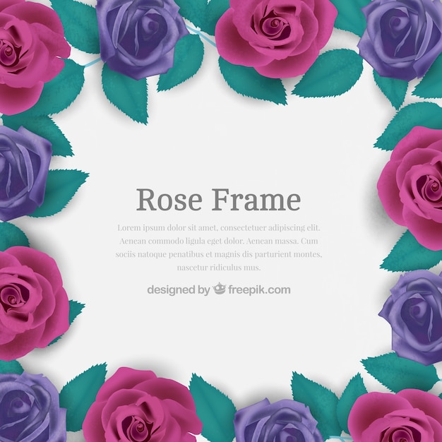 Frame of purple roses in realistic\
design