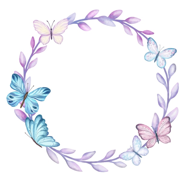  Frame ring wreath with butterflies isolated on white. watercolor illustration Premium Vector