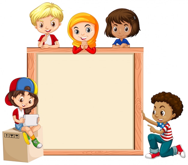 Free Vector | Frame template with happy kids on wooden board