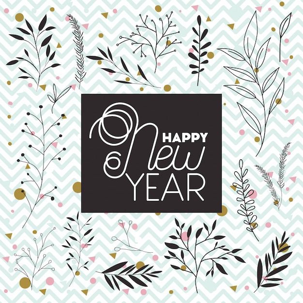Frame with happy new year lettering and wreath crown Premium Vector