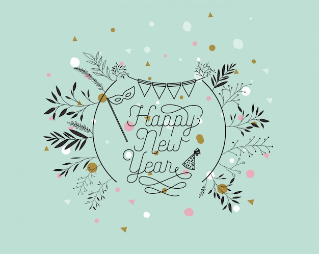 Premium Vector | Frame with happy new year lettering and wreath crown