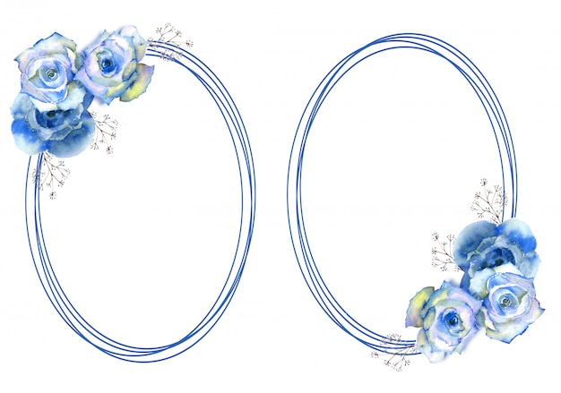 Frames With Blue Rose Flowers On Oval Frame On White Isolated
