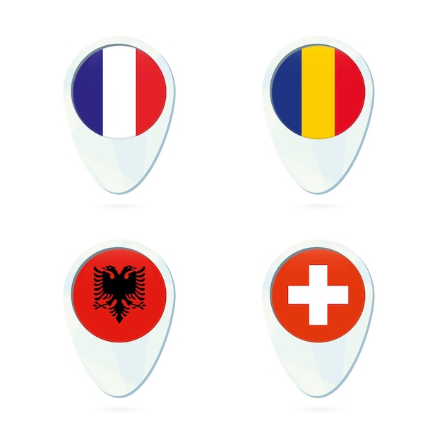 フランス ルーマニア アルバニア スイスの旗のロケーションマップのピンアイコン プレミアムベクター