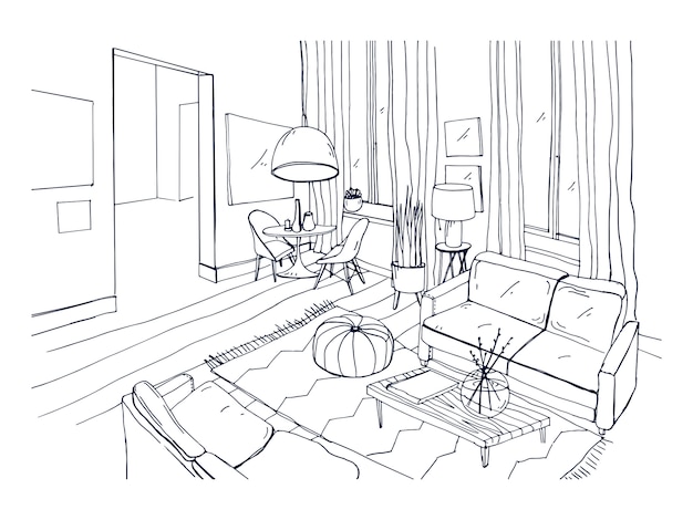 Freehand Drawing Of Living Room Full Of Stylish Comfortable