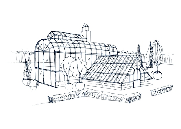 鉢植えの茂みや木々に囲まれたエキゾチックな植物園の外観のフリーハンドスケッチ ガラス温室のファサードの大まかな図面 モノクロの手描きイラスト プレミアムベクター