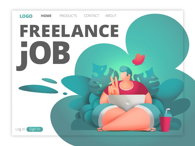 Freelance job web page template. designer male character with laptop sitting in jungle forest Premium Vector