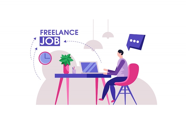 Freelancer man modern home office illustration Premium Vector