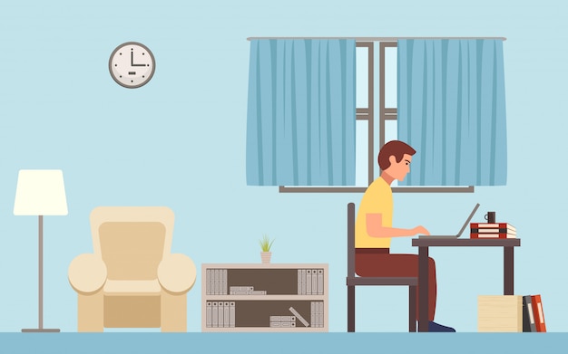 Freelancer Man Working On Computer At Home In Flat Icon Design Background Premium Vector