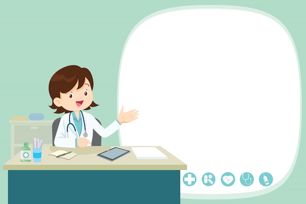 Freemale doctor present and sitting at the table Premium Vector