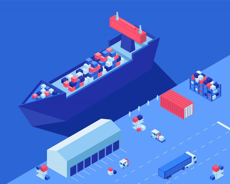 Premium Vector | Freight ship unloading isometric vector illustration ...