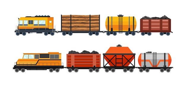 コンテナおよびボックス貨物列車を備えた貨物列車貨物車 鉄道輸送のイラストセット 物流重鉄道輸送設計要素 フラットスタイルの図 プレミアムベクター