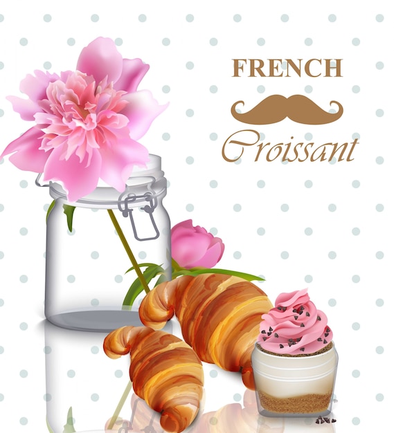 フランスの朝食カード ピンクの牡丹の花 クロワッサン ヨーグルトのパフェのベクトル プレミアムベクター