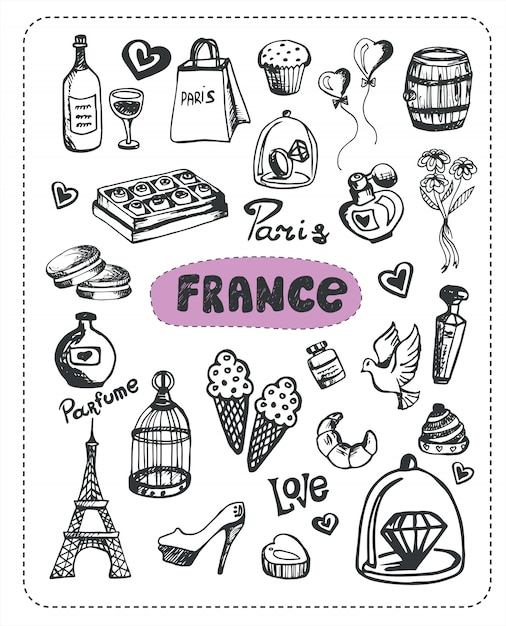 Premium Vector French Elements Doodle Set 