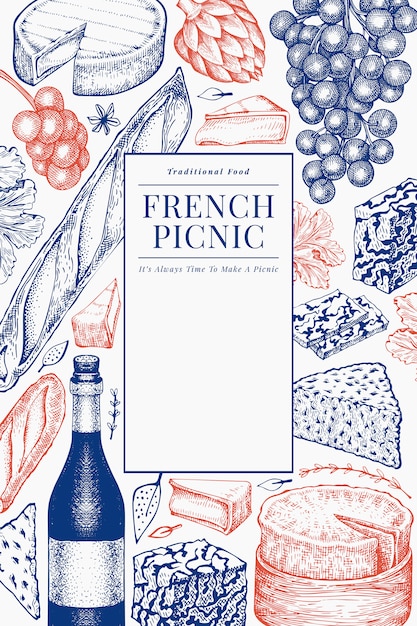 プレミアムベクター フランス料理のイラストデザイン 手描きのピクニック食事のイラスト 刻まれたスタイルの異なるスナックとワイン ヴィンテージ食品の 背景