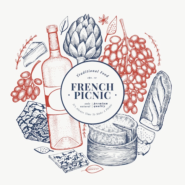 フランス料理のイラストデザインテンプレート 刻まれたスタイルの異なるスナックとワインのバナー ビンテージ食品の背景 プレミアムベクター